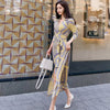 Foamlina Casual Women Long Dress 2022 Sexy V Neck 3/4 Sleeve Floral Print Sash Bowtie High Split Autumn Party Maxi Dress