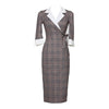 Foamlina Elegant Women Korean OL Work Pencil Dress Notched Collar 3/4 Sleeve Plaid Print Bow Tie Midi Office Dress