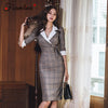Foamlina Elegant Women Korean OL Work Pencil Dress Notched Collar 3/4 Sleeve Plaid Print Bow Tie Midi Office Dress