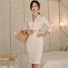 Foamlina Women Korean OL Work Pencil Dress 2022 Spring Notched Collar 3/4 Sleeve Belted Casual Office Dress