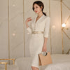 Foamlina Women Korean OL Work Pencil Dress 2022 Spring Notched Collar 3/4 Sleeve Belted Casual Office Dress