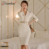 Foamlina Women Korean OL Work Pencil Dress 2022 Spring Notched Collar 3/4 Sleeve Belted Casual Office Dress