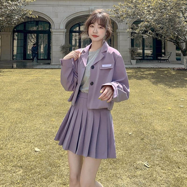Fonekie 2023 Spring And Autumn Suit Pleated Skirt Set Korean Suit Pleated Skirt Two-piece Set Button Simplicity