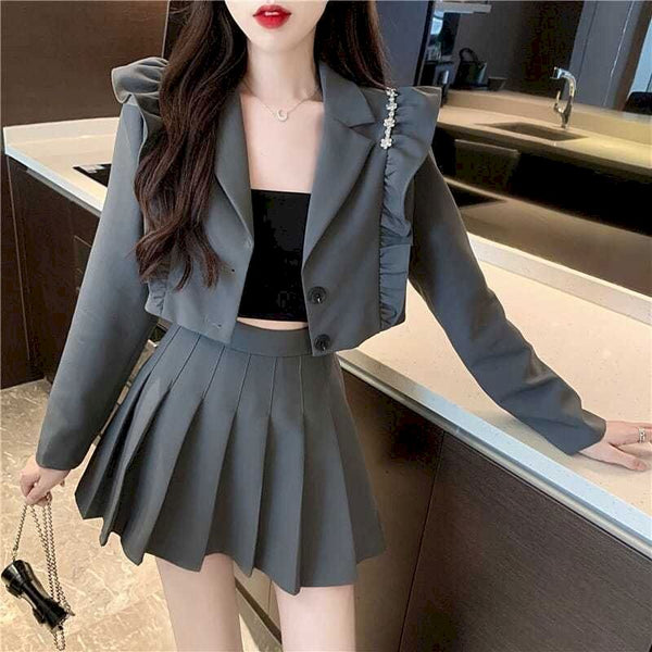 Fonekie Skirt Set Fried Street Design Sense Spring Autumn College Fungus Side Suit Jacket Pleated Skirts Two Piece Sets