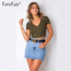 Summer Streetwear Crop Top Women High Elastic Knitted Tees Short Sleeve V Neck Buttons Slim Casual Tops Cropped