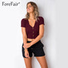 Summer Streetwear Crop Top Women High Elastic Knitted Tees Short Sleeve V Neck Buttons Slim Casual Tops Cropped
