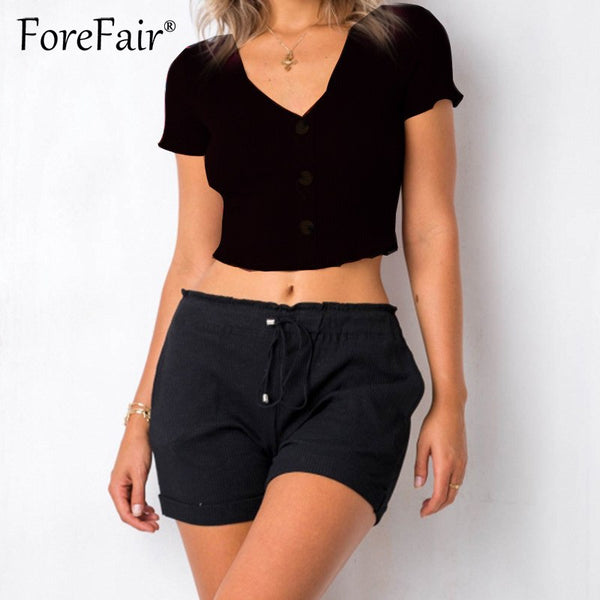 Summer Streetwear Crop Top Women High Elastic Knitted Tees Short Sleeve V Neck Buttons Slim Casual Tops Cropped