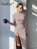 Forefair 2022 Autumn Winter Knitted Long Sleeve O Neck Women Midi Dress Casual Party Club Slit Sexy Women's Dresses