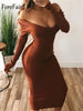 Forefair Long Sleeve V Neck Bodycon Ribbed Knit Dress Women 2022 Autumn Winter Solid Slim Casual Midi Female Clothing