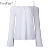 Off Shoulder Long Sleeve White Blouse Tops Women Summer Autumn New Flare Sleeve Solid Sexy Top Regular Shirt Streetwear