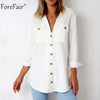 Pocket Casual Shirt Women Long Sleeve Summer Autumn Button Up Loose Tops Office Ladies White Blouse