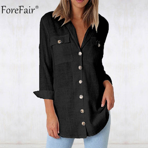 Pocket Casual Shirt Women Long Sleeve Summer Autumn Button Up Loose Tops Office Ladies White Blouse