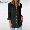 Pocket Casual Shirt Women Long Sleeve Summer Autumn Button Up Loose Tops Office Ladies White Blouse