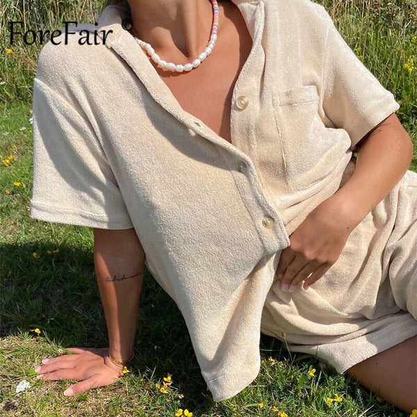 Forefair Towel Shirt and Shorts Summer Sets Velour 2023 Casual Loose Lounge  Women Two Piece  Sets