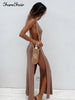 Forefair Women V Neck Knitted Dress Beach Party Y2k Spring Summer Sexy Backless Sleeveless Bandage Split Maxi Dresses Brown 2023