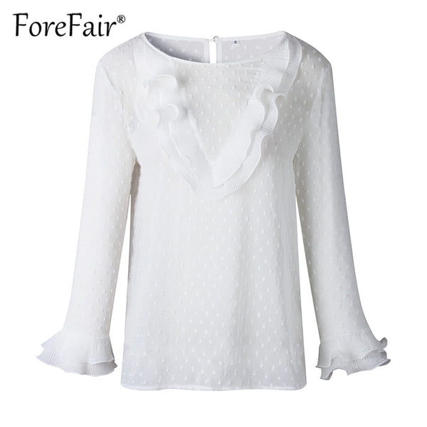 Womens Tops And Blouses 2022 Autumn Shirt Tops Women Long Sleeve Round Neck Ruffle V Pattern Elegant White Blouse