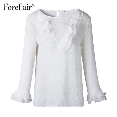 Womens Tops And Blouses 2022 Autumn Shirt Tops Women Long Sleeve Round Neck Ruffle V Pattern Elegant White Blouse