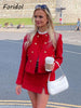 Foridol Double Breasted O Neck Short Blazer Skirt Sets Two Pieces Office Ladies Red Winter Thick Cozy Suits Elegant Blazer Top