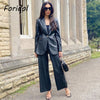 Foridol Faux Leather PU Blazer Coat Jacket Women Black Skirt Two Piece Set Ladies Winter Blazer Jacket Abrigo Autumn