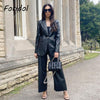 Foridol Faux Leather PU Blazer Coat Jacket Women Black Skirt Two Piece Set Ladies Winter Blazer Jacket Abrigo Autumn