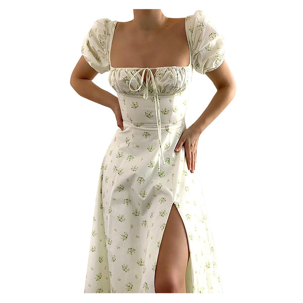 Foridol Floral Print Summer Dress Women Boho Slit Maxi Long Dress High Split Square Collar Beach Dress Puff Sleeve A-line Dress