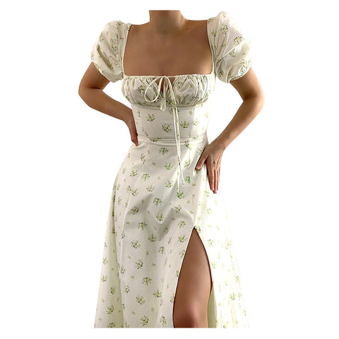 Foridol Floral Print Summer Dress Women Boho Slit Maxi Long Dress High Split Square Collar Beach Dress Puff Sleeve A-line Dress