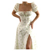 Foridol Floral Print Summer Dress Women Boho Slit Maxi Long Dress High Split Square Collar Beach Dress Puff Sleeve A-line Dress