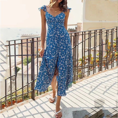 Foridol Ruffles Spaghetti Strap Sleeveless Floral Print Boho Dress Women Summer Beach Backless Sexy Midi Dress Slip Button Dress
