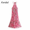 Foridol Sleevelss Halter Maxi Summer Dress for Women Sexy Backless Beach Pink Boho Robe Femme 2023 Lace Up Sundress Floral Dress