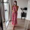Foridol Sleevelss Halter Maxi Summer Dress for Women Sexy Backless Beach Pink Boho Robe Femme 2023 Lace Up Sundress Floral Dress