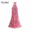 Foridol Sleevelss Halter Maxi Summer Dress for Women Sexy Backless Beach Pink Boho Robe Femme 2023 Lace Up Sundress Floral Dress