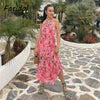 Foridol Sleevelss Halter Maxi Summer Dress for Women Sexy Backless Beach Pink Boho Robe Femme 2023 Lace Up Sundress Floral Dress