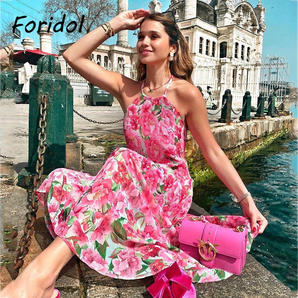 Foridol Sleevelss Halter Maxi Summer Dress for Women Sexy Backless Beach Pink Boho Robe Femme 2023 Lace Up Sundress Floral Dress