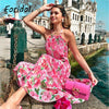 Foridol Sleevelss Halter Maxi Summer Dress for Women Sexy Backless Beach Pink Boho Robe Femme 2023 Lace Up Sundress Floral Dress