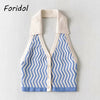 Foridol Soft Knitted Summer Women Tank Tops Blue Striped Boho Beach Blouse Shirt Sleeveless Crop Top 2023 Korean Top