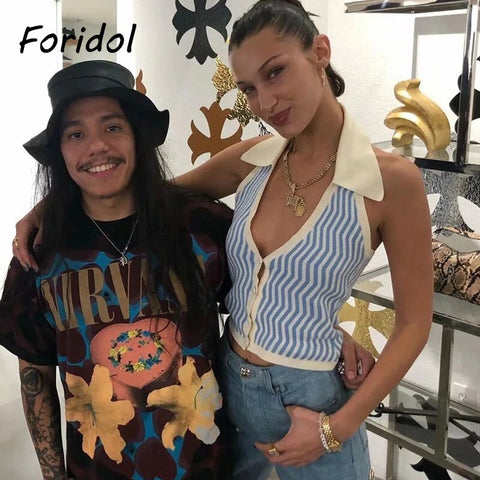Foridol Soft Knitted Summer Women Tank Tops Blue Striped Boho Beach Blouse Shirt Sleeveless Crop Top 2023 Korean Top