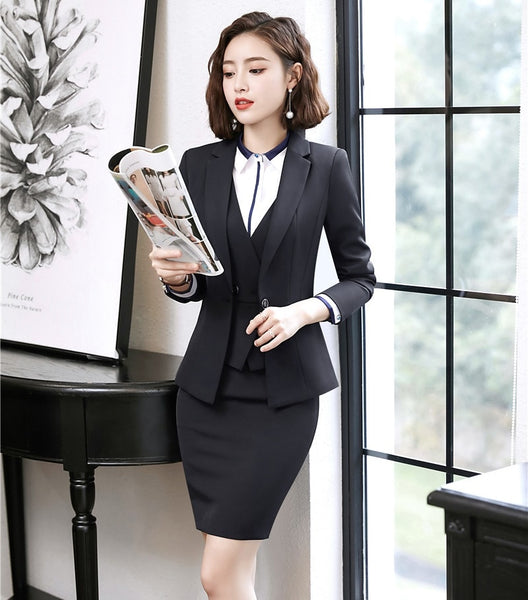 Formal Black Blazers Women Business Suits 3 Piece Waistcoat, Skirt and Jacket Sets Office Ladies Work Wear Suits
