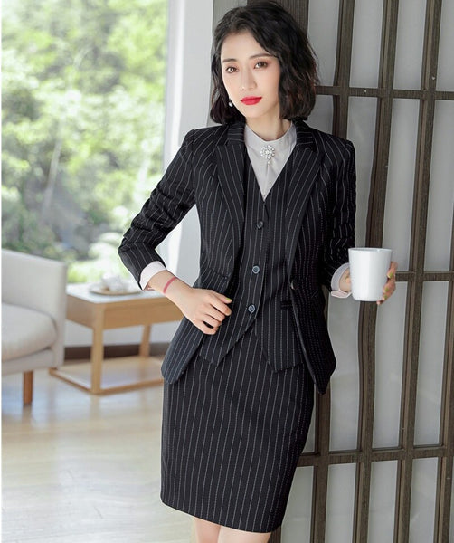 Formal Business Suits With 4 Piece Jackets And Skirt And Vest Coat & Waistcoat And Blouse Elegant Striped Blazers Suits