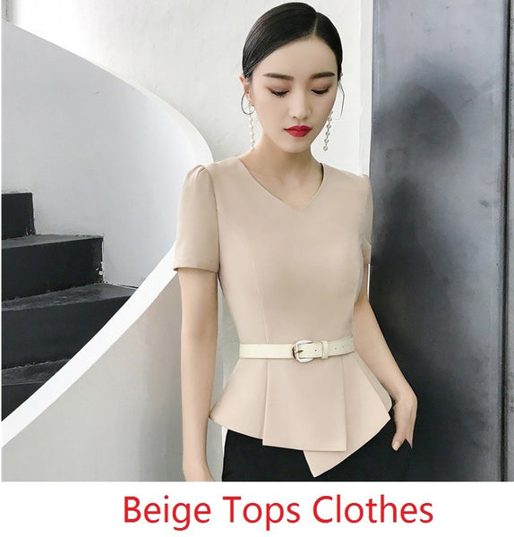 Formal Elegant Beige Summer Short Sleeve Blazers & Jackets Coat For Women Business Work Wear Beauty Salon Tops Clothes With Belt