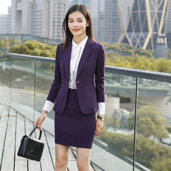 Formal Ladies Purple Blazer Women Business Suits with Skirt and Jacket Sets Work Wear Clothes Office Uniform Designs