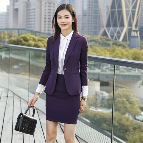 Formal Ladies Purple Blazer Women Business Suits with Skirt and Jacket Sets Work Wear Clothes Office Uniform Designs