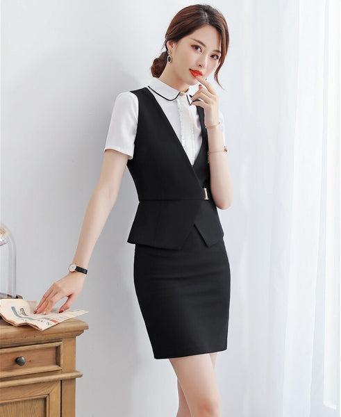 Formal Ladies Waistcoat & Vest Women Business Suits 2 Piece Skirt and Top Sets Work Wear Office Uniform Style Black