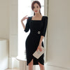 Formal Office Lady Work Dress 2022 Autumn Elegant Black Square Collar Crystal Sashes High Waist Slim Tight Asymmetrical Dress