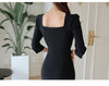 Formal Office Lady Work Dress 2022 Autumn Elegant Black Square Collar Crystal Sashes High Waist Slim Tight Asymmetrical Dress