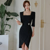 Formal Office Lady Work Dress 2022 Autumn Elegant Black Square Collar Crystal Sashes High Waist Slim Tight Asymmetrical Dress