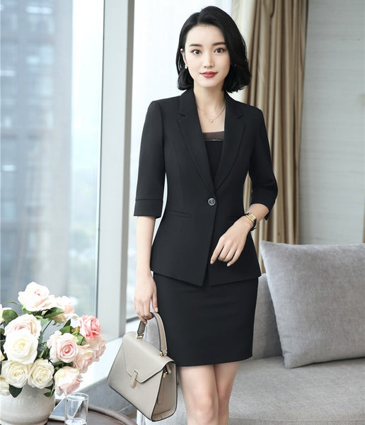 Formal Women Business Suits with Skirt and Jacket Sets Black Blazer Half Sleeve Ladies Office Uniform Designs Styles