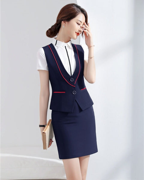 Formal Women Business Suits with Skirt and Vest Sets Work Wear Waistcoat Ladies Office Uniform Style Navy Blue