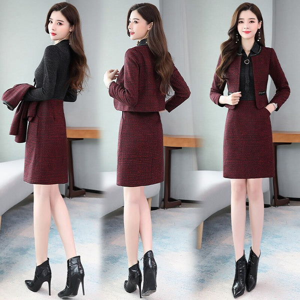 Fragrance Womens Winter Tweed 2 Piece Skirt Suits Slim Female Office Suit With Skirts Woolen Skirts Business Conjunto Feminino