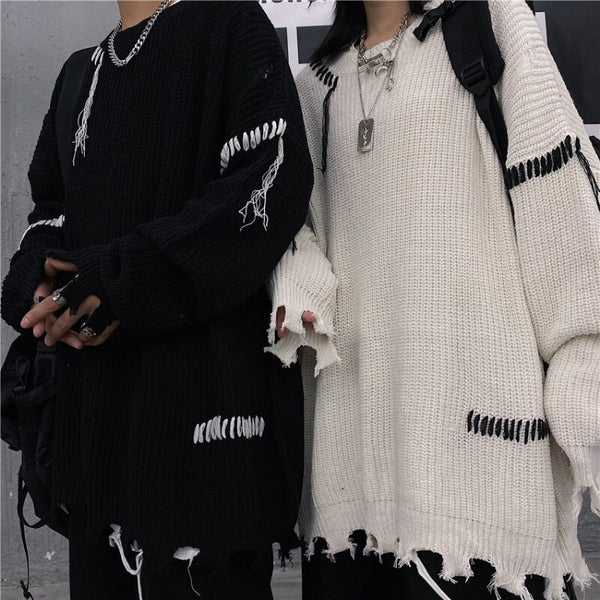 Frayed Distressed Broken Hole Sweater Women Autumn Winter Goth O-Neck Oversized Long Sleeve Pullover Knit Sweater Streetwear 90s