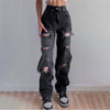Frayed elastic retro hole loose and thin European and American Harajuku street hip-hop trend Y2K straight jeans women